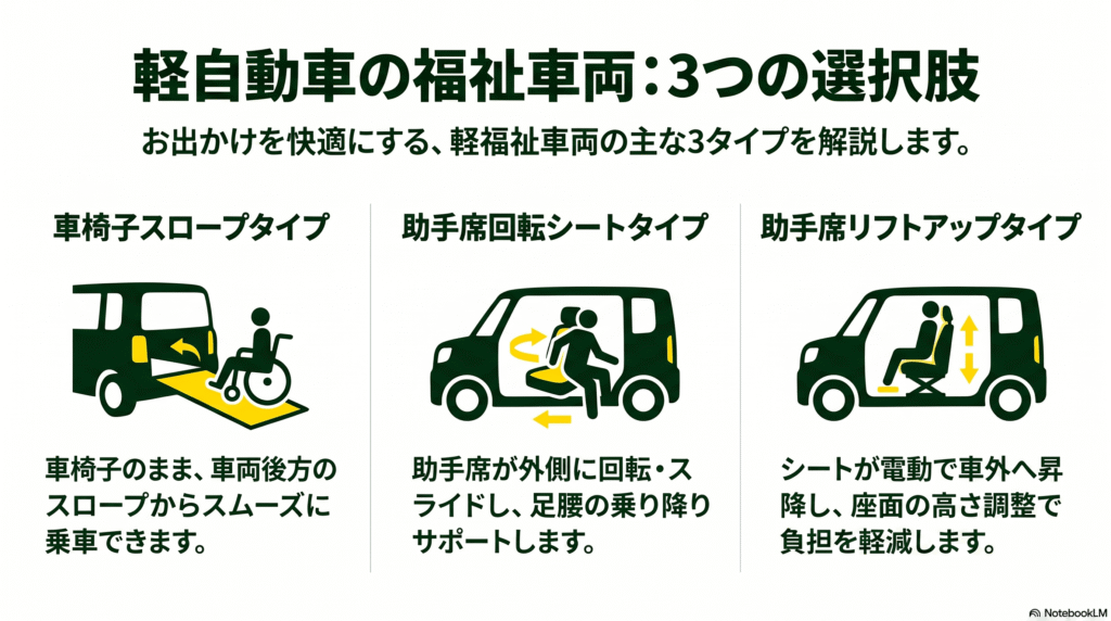 軽自動車の福祉車両：3つの選択肢｜車椅子スロープタイプ、助手席回転シートタイプ、助手席リフトアップタイプ